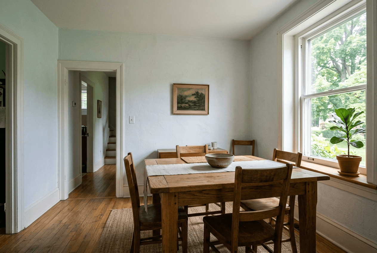 Home dining room with a large window and adjoining living spaces
